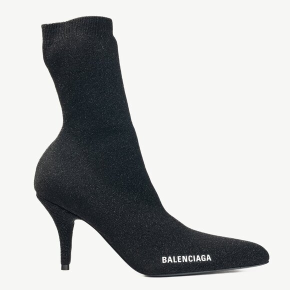 Balenciaga Knife 80 Black Glittered Stretch-Knit Ankle Boots - Picture 1 of 9